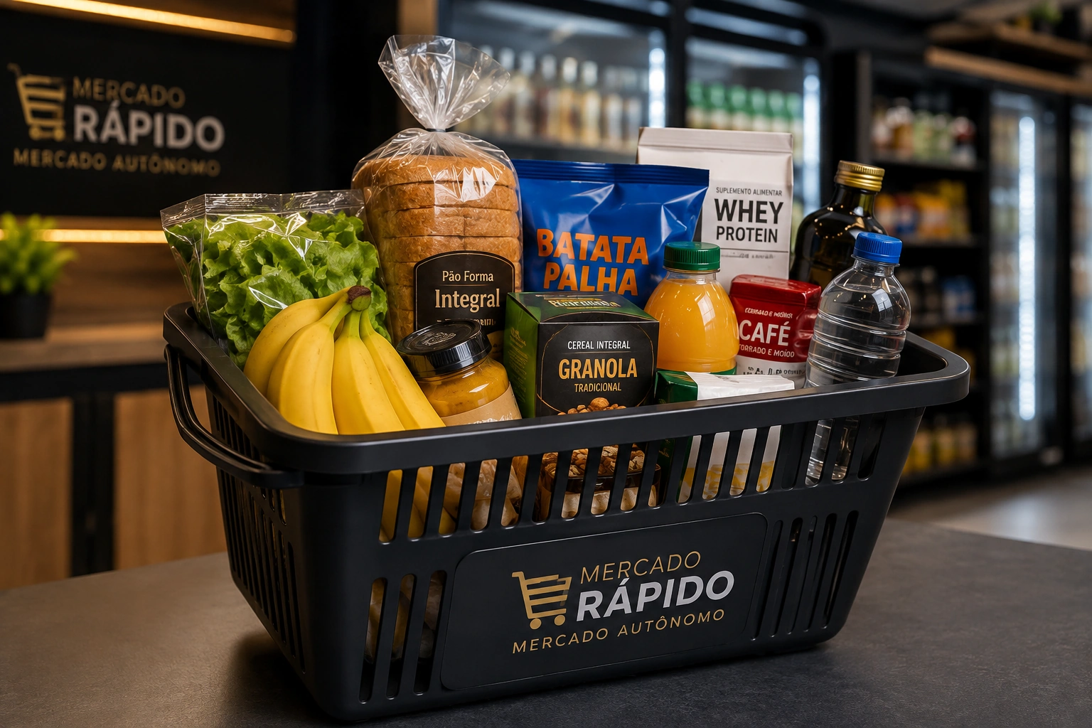 Cesta de compras e produtos de mercado em composição editorial